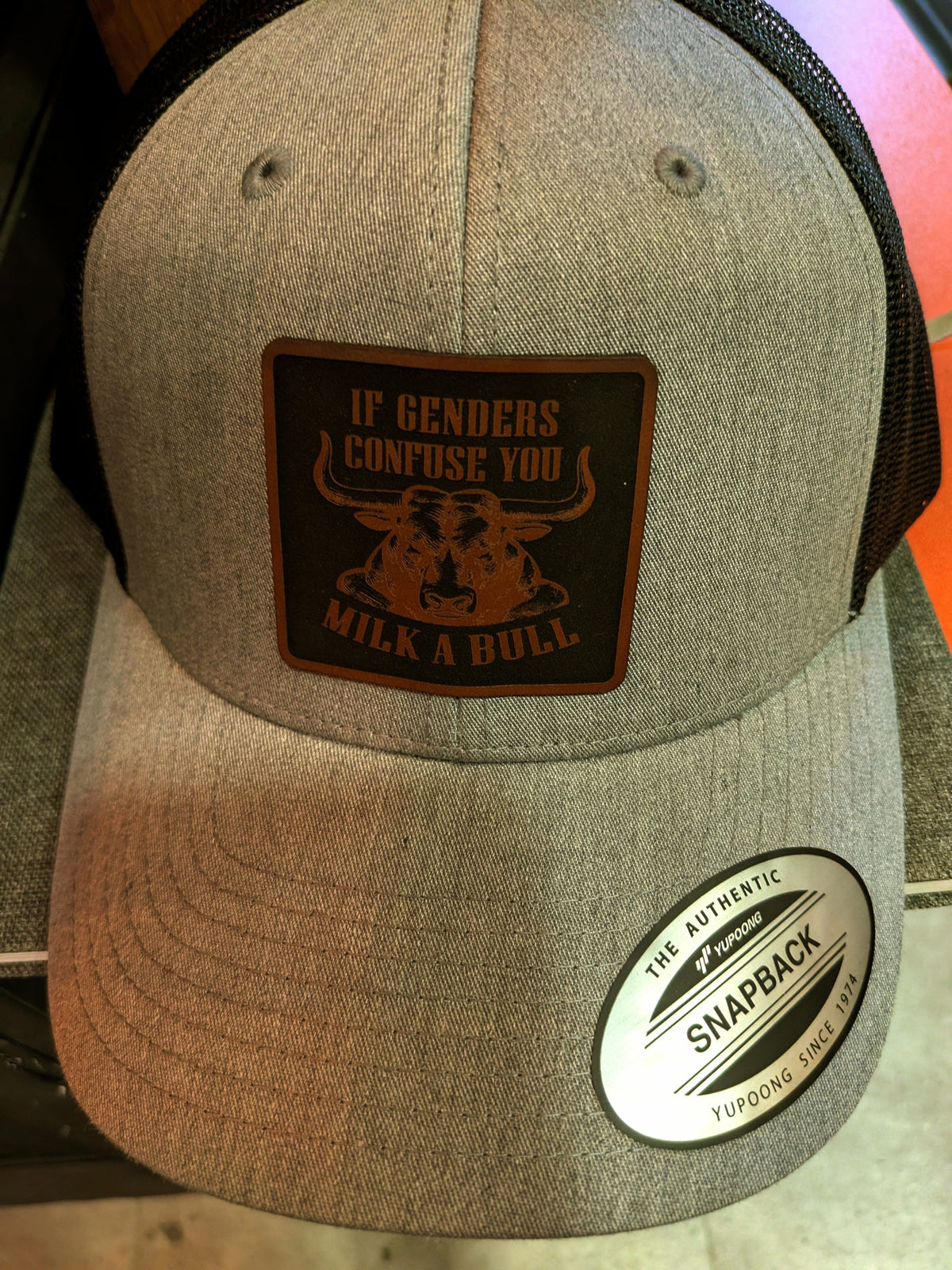 Pitcher Perfect hats If Genders Confuse you - Milk a Bull - Snapback hat Gret/Black