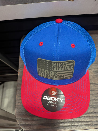 Pitcher Perfect Trucker Hat Guns. Titties. Beer. Freedom - Yupoong Snapback  Blue Hat Red Brim Grey Patch