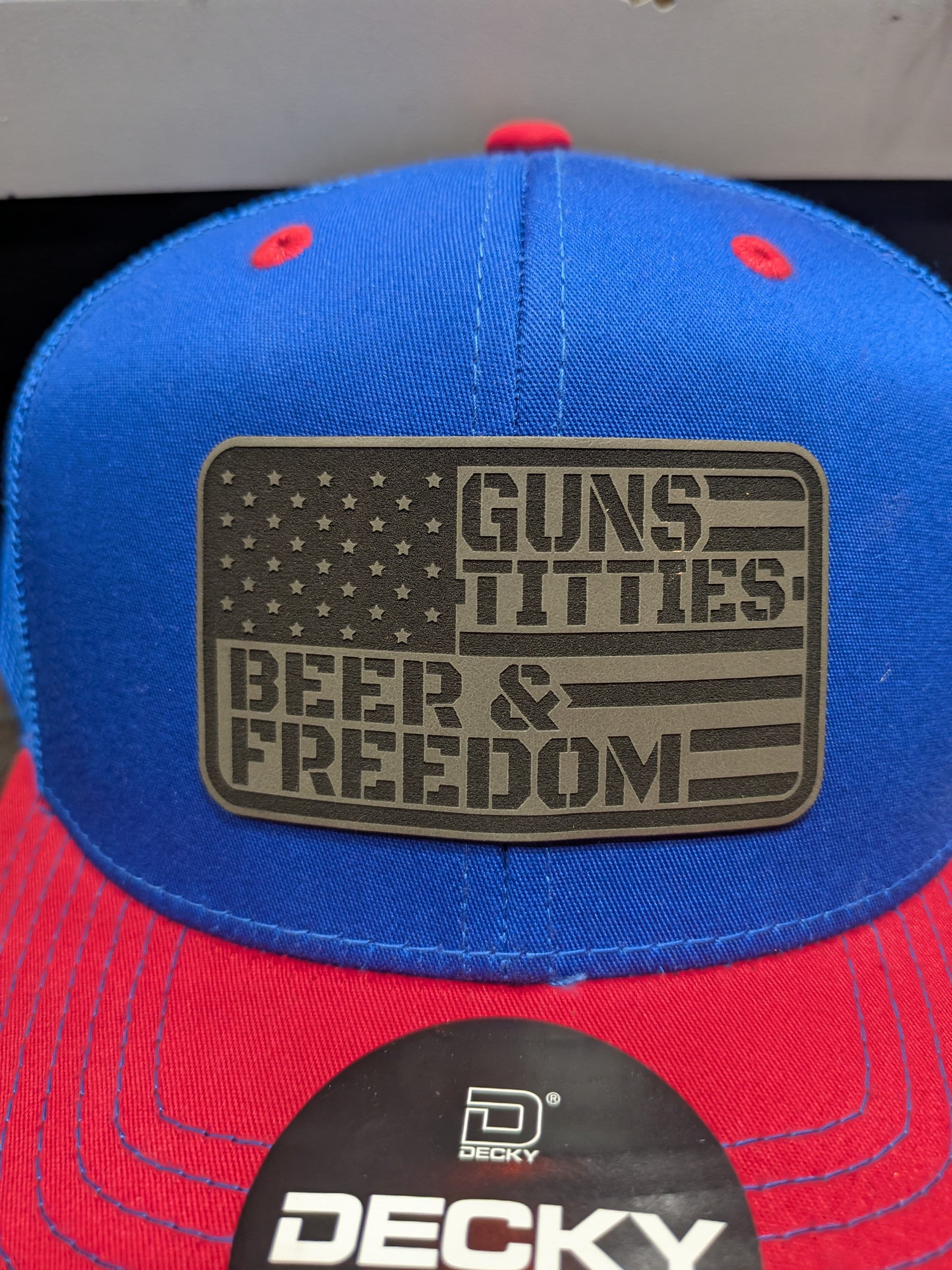 Pitcher Perfect Trucker Hat Guns. Titties. Beer. Freedom - Yupoong Snapback  Blue Hat Red Brim Grey Patch