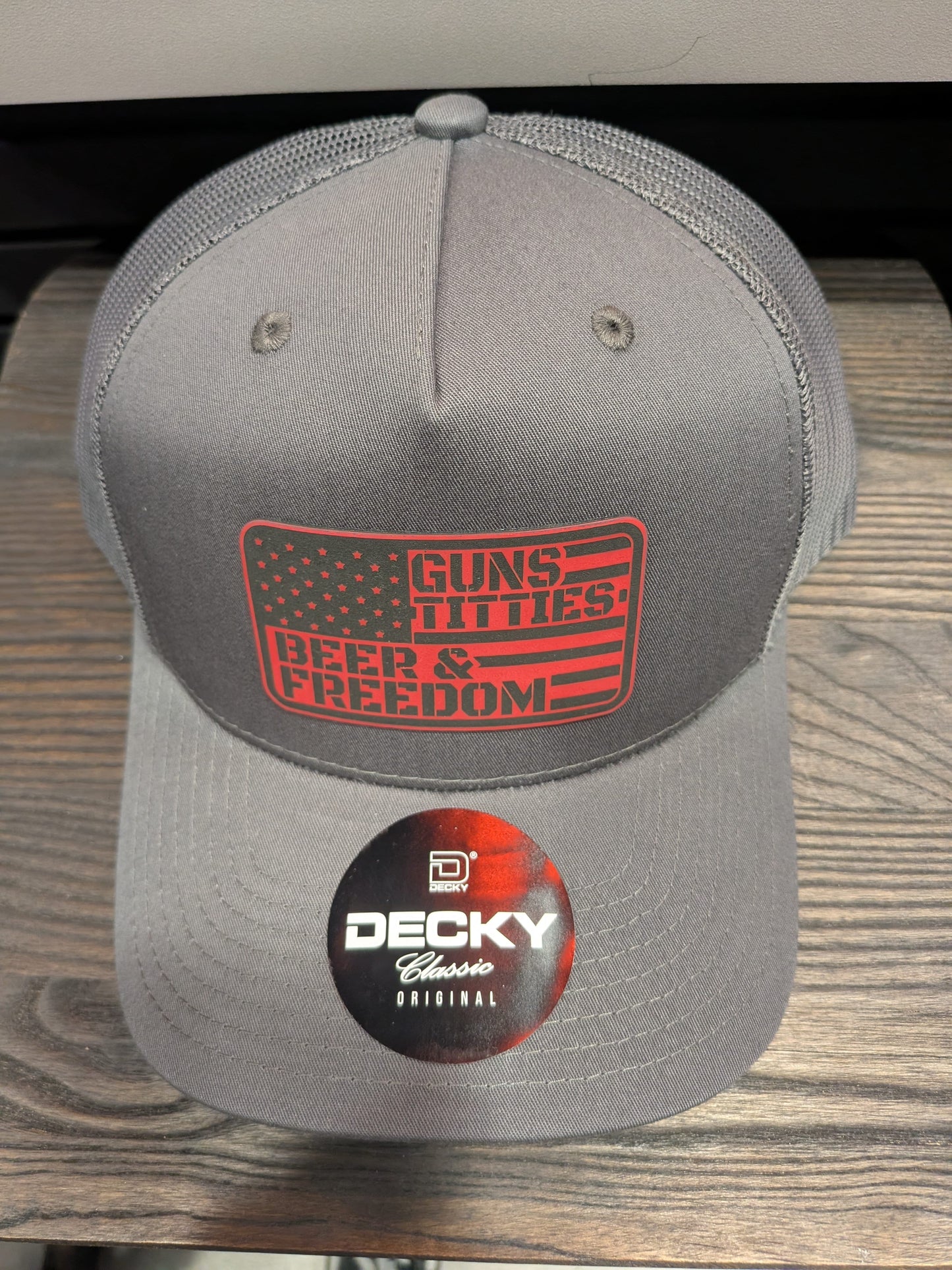 Pitcher Perfect Trucker Hat Guns. Titties. Beer. Freedom - Yupoong Snapback  Grey Hat w/Red Patch