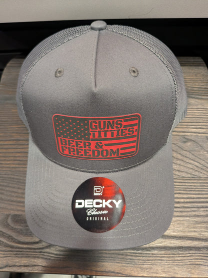 Pitcher Perfect Trucker Hat Guns. Titties. Beer. Freedom - Yupoong Snapback  Grey Hat w/Red Patch