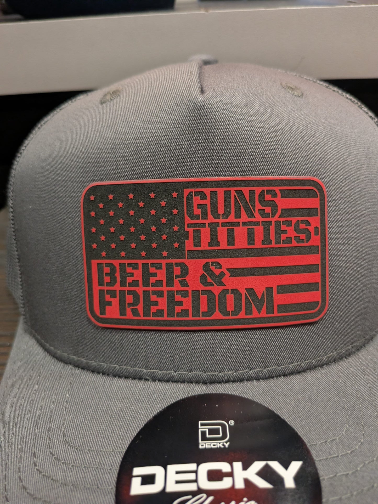 Pitcher Perfect Trucker Hat Guns. Titties. Beer. Freedom - Yupoong Snapback  Grey Hat w/Red Patch