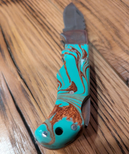 Green/blue/red resin swirl handle Damascus Pocket Knife