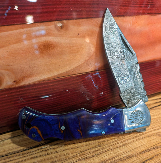 Purple/Orange resin swirl handle Damascus Pocket Knife