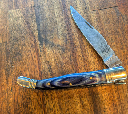 Blue long slim Damascus Pocket Knife