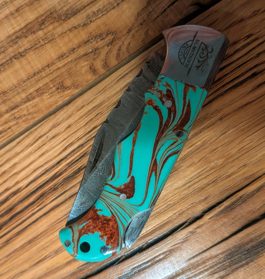 Green/blue/red resin swirl handle Damascus Pocket Knife