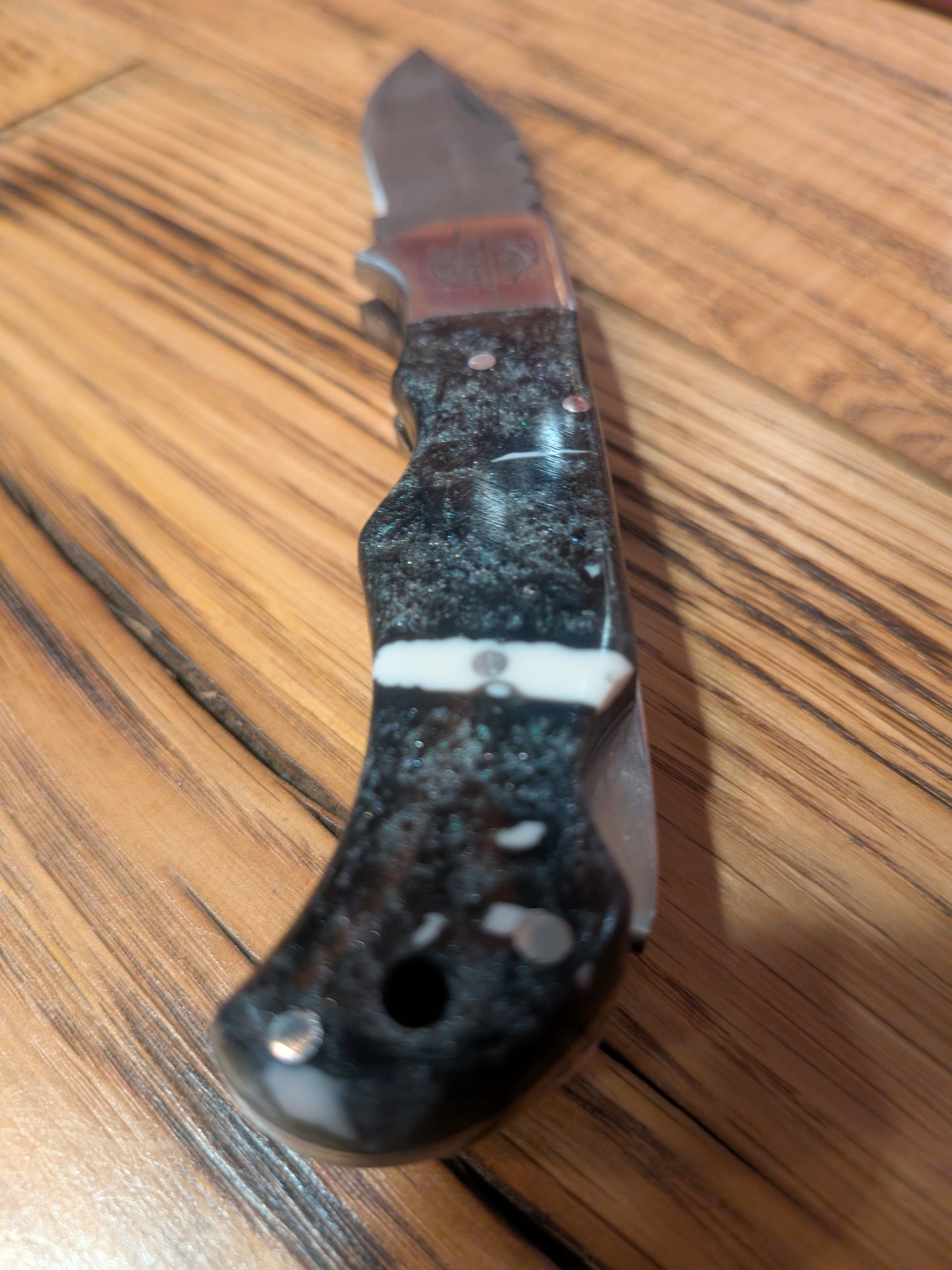 Black/white resin handle Damascus Pocket Knife
