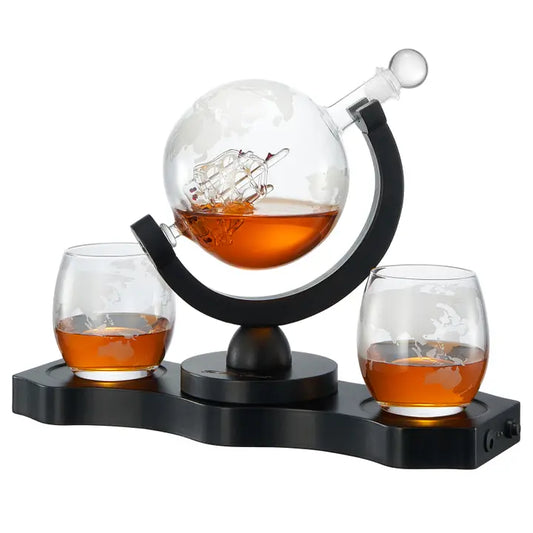 Rotating Globe Decanter Set with Two Glasses