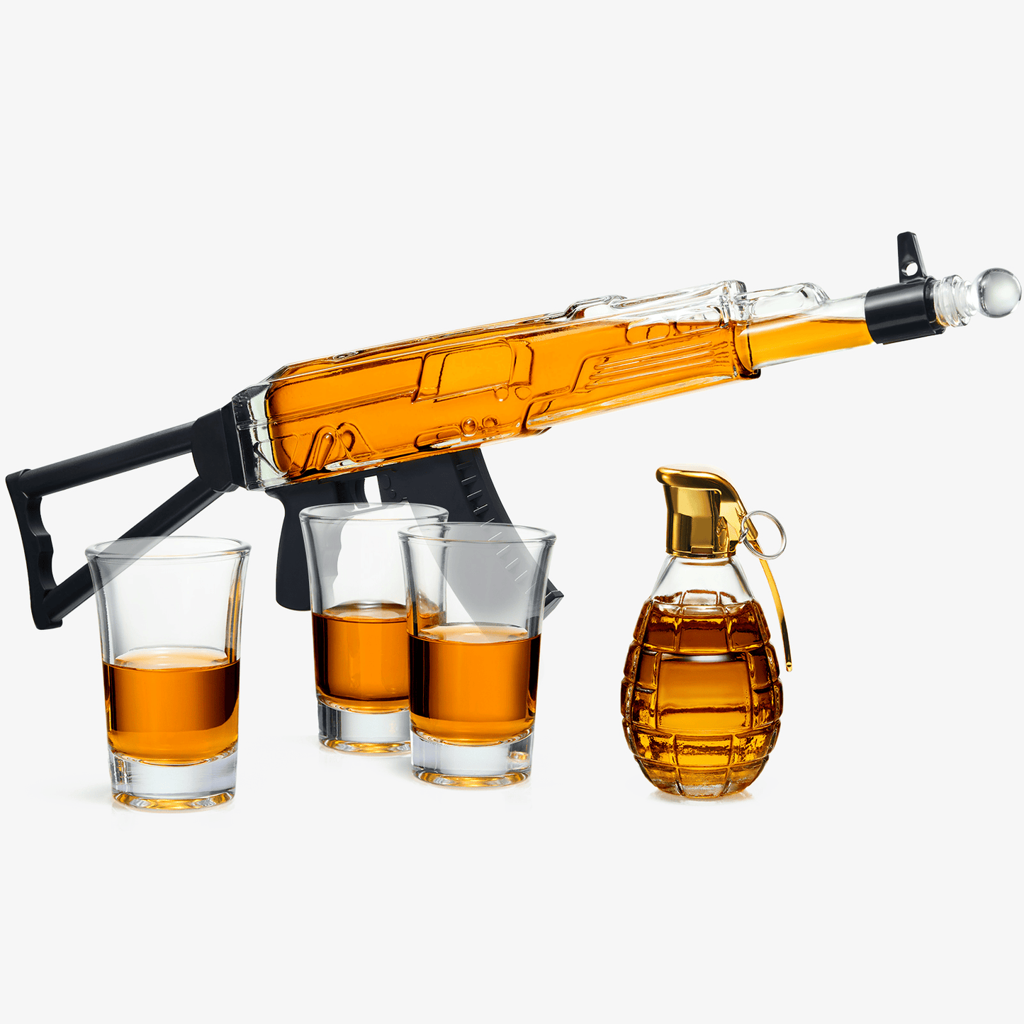 The Wine Savant / Khen Glassware Bar Decanter Whiskey Decanter & 3 shot glasses, Gun decanter gift set