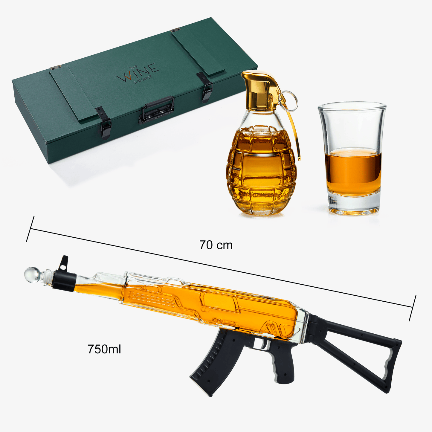 The Wine Savant / Khen Glassware Bar Decanter Whiskey Decanter & 3 shot glasses, Gun decanter gift set