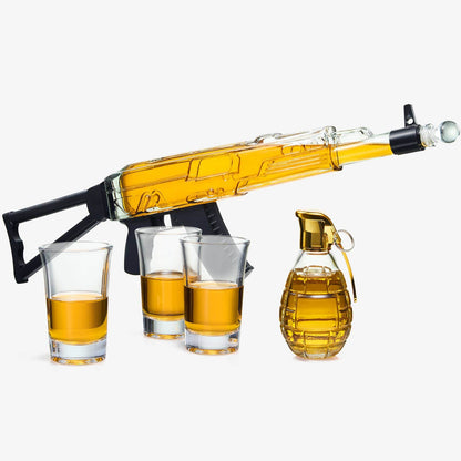 The Wine Savant / Khen Glassware Bar Decanter Whiskey Decanter & 3 shot glasses, Gun decanter gift set