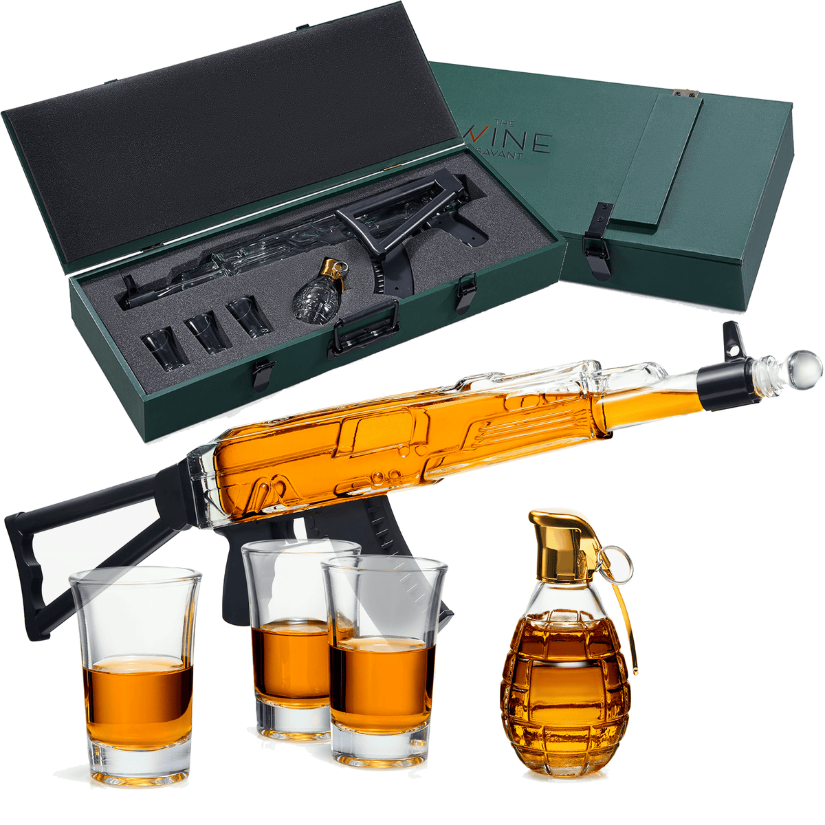 The Wine Savant / Khen Glassware Bar Decanter Whiskey Decanter & 3 shot glasses, Gun decanter gift set
