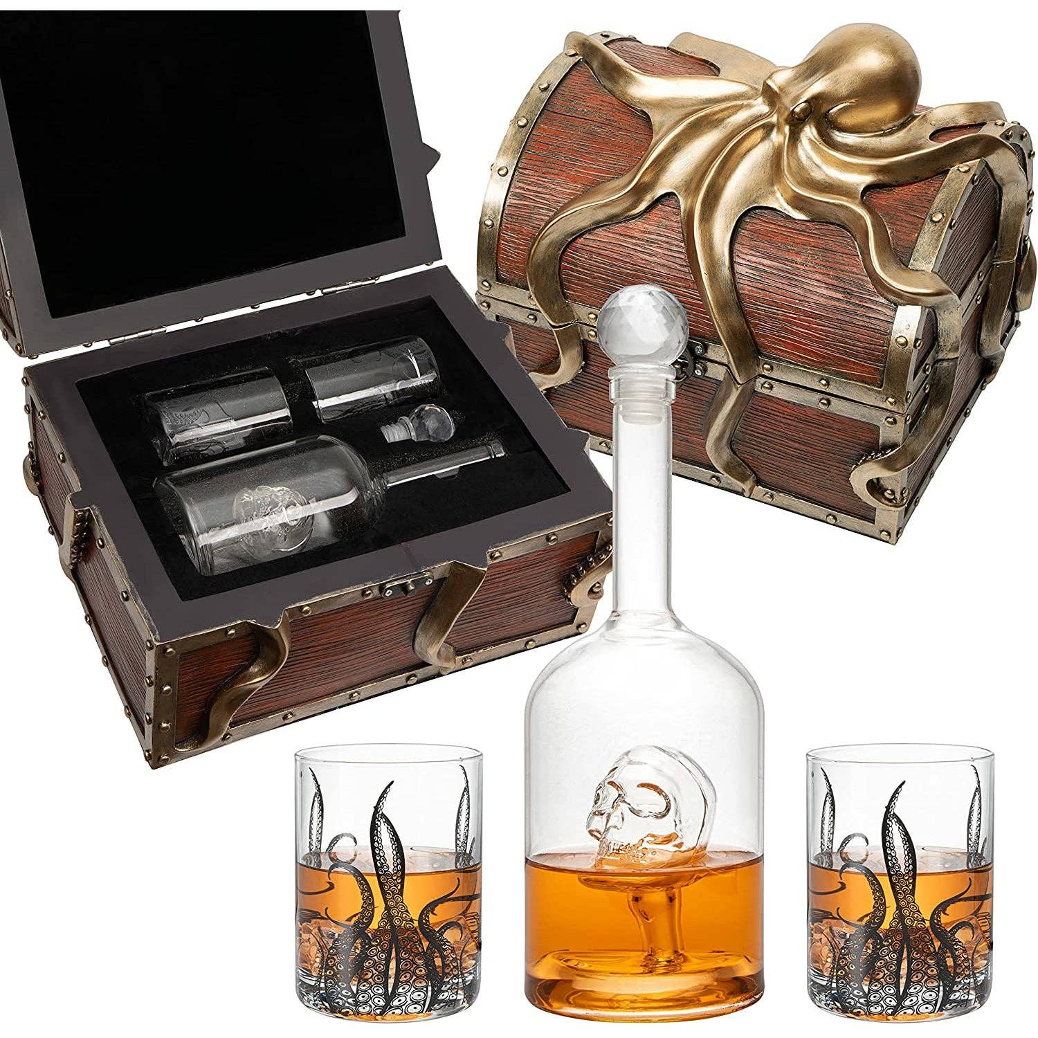 Octopus Kraken Chest Whiskey Decanter Set with 2 Glasses Man Up
