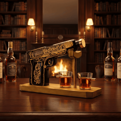 The Wine Savant / Khen Glassware Whiskey Decanter Glass Hand Painted Pistol Gun Decanter & Shot Glasses Set