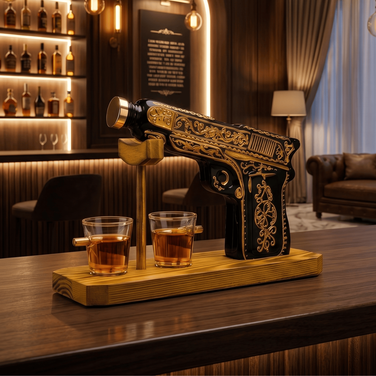 The Wine Savant / Khen Glassware Whiskey Decanter Glass Hand Painted Pistol Gun Decanter & Shot Glasses Set