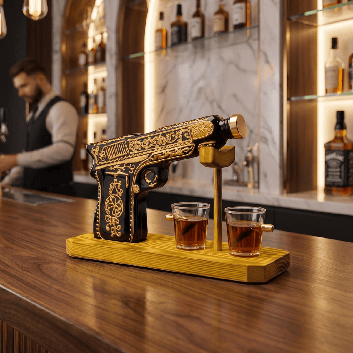 The Wine Savant / Khen Glassware Whiskey Decanter Glass Hand Painted Pistol Gun Decanter & Shot Glasses Set