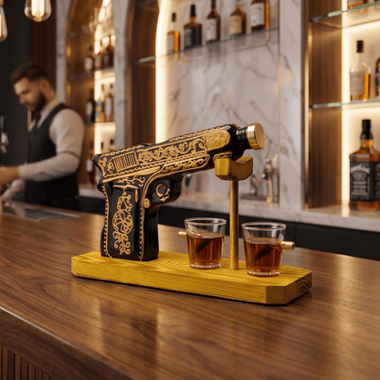 The Wine Savant / Khen Glassware Whiskey Decanter Glass Hand Painted Pistol Gun Decanter & Shot Glasses Set