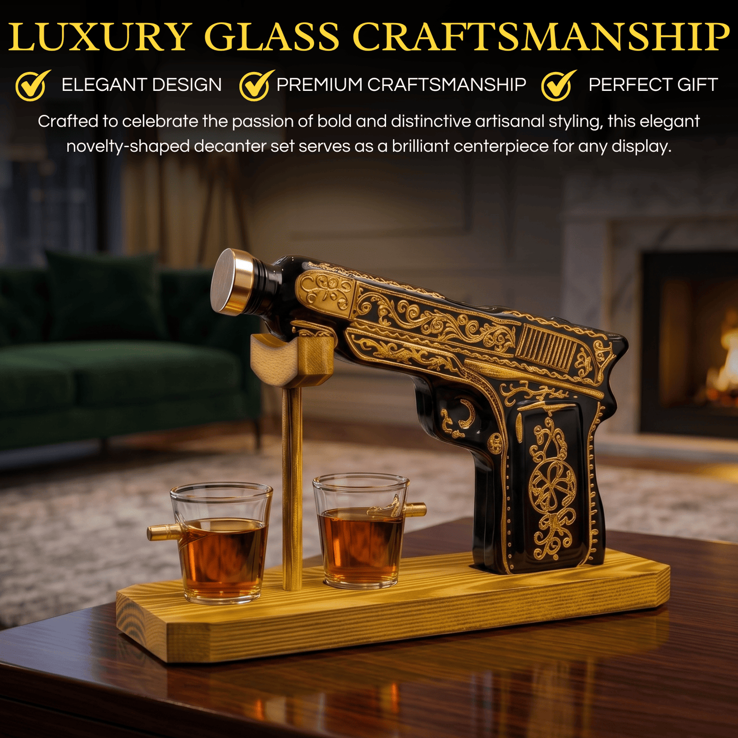 The Wine Savant / Khen Glassware Whiskey Decanter Glass Hand Painted Pistol Gun Decanter & Shot Glasses Set