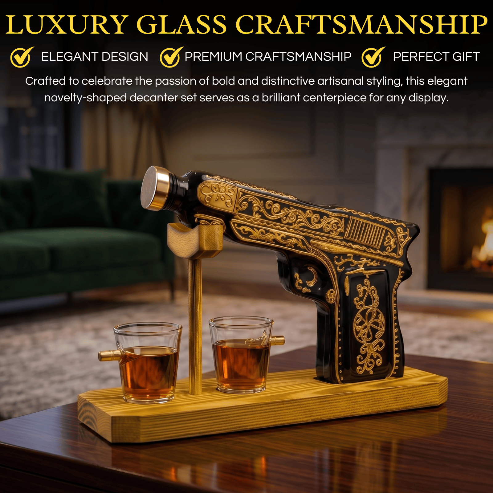The Wine Savant / Khen Glassware Whiskey Decanter Glass Hand Painted Pistol Gun Decanter & Shot Glasses Set