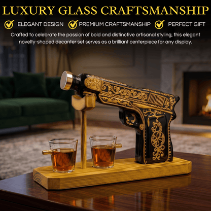 The Wine Savant / Khen Glassware Whiskey Decanter Glass Hand Painted Pistol Gun Decanter & Shot Glasses Set