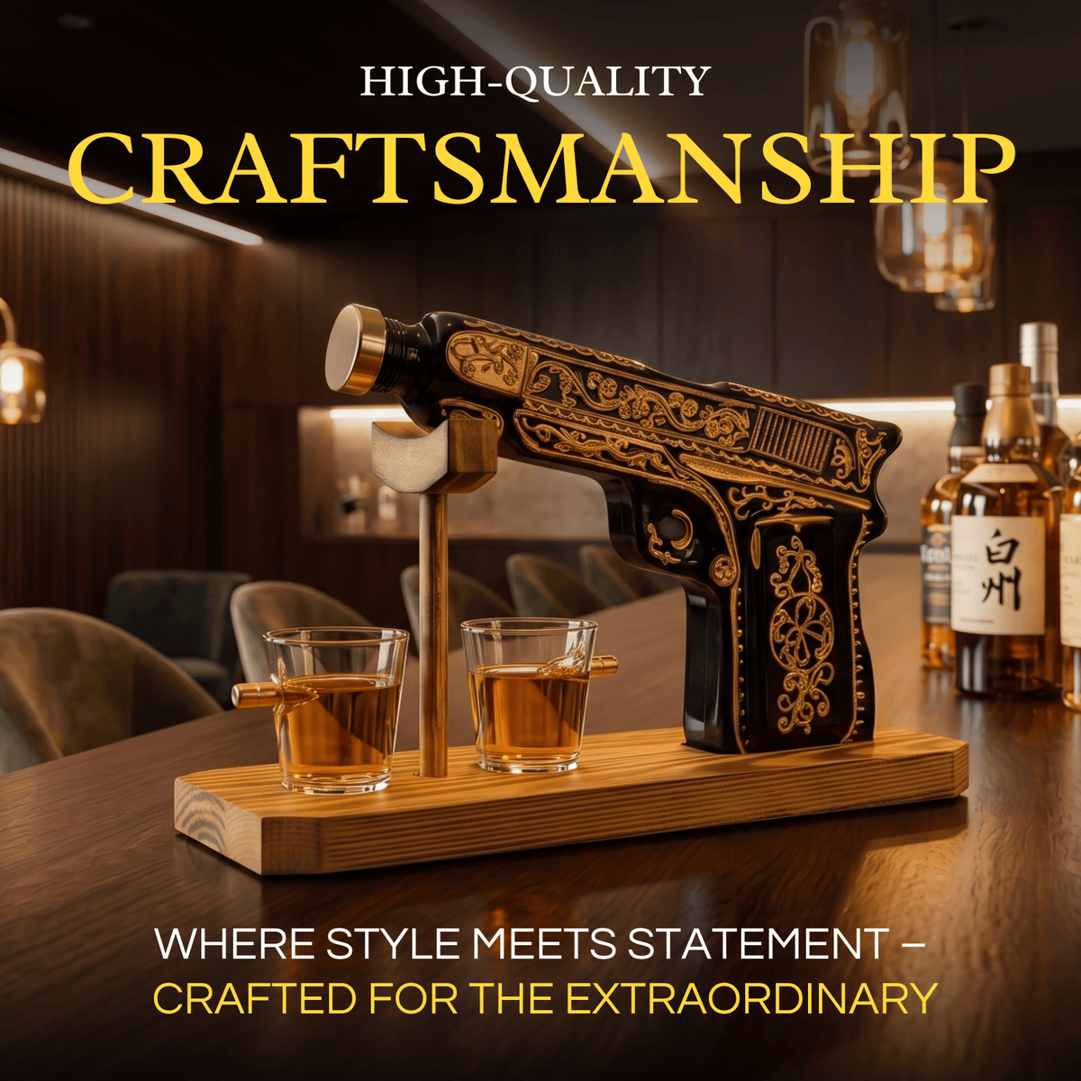 The Wine Savant / Khen Glassware Whiskey Decanter Glass Hand Painted Pistol Gun Decanter & Shot Glasses Set