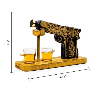 The Wine Savant / Khen Glassware Whiskey Decanter Glass Hand Painted Pistol Gun Decanter & Shot Glasses Set
