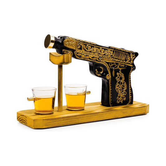 The Wine Savant / Khen Glassware Whiskey Decanter Glass Hand Painted Pistol Gun Decanter & Shot Glasses Set