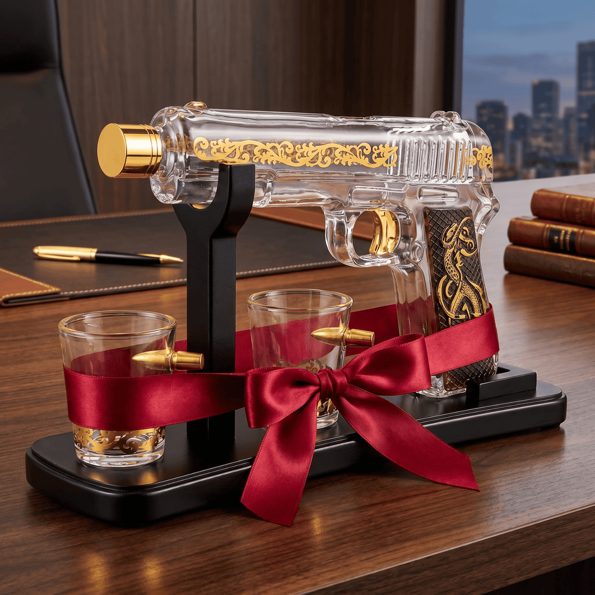 The Wine Savant / Khen Glassware Whiskey Decanter Gun Whiskey Decanter Set With 2 Bullet Shot Glasses
