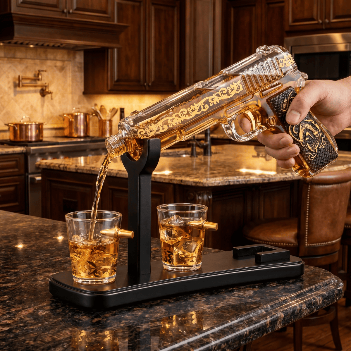 The Wine Savant / Khen Glassware Whiskey Decanter Gun Whiskey Decanter Set With 2 Bullet Shot Glasses