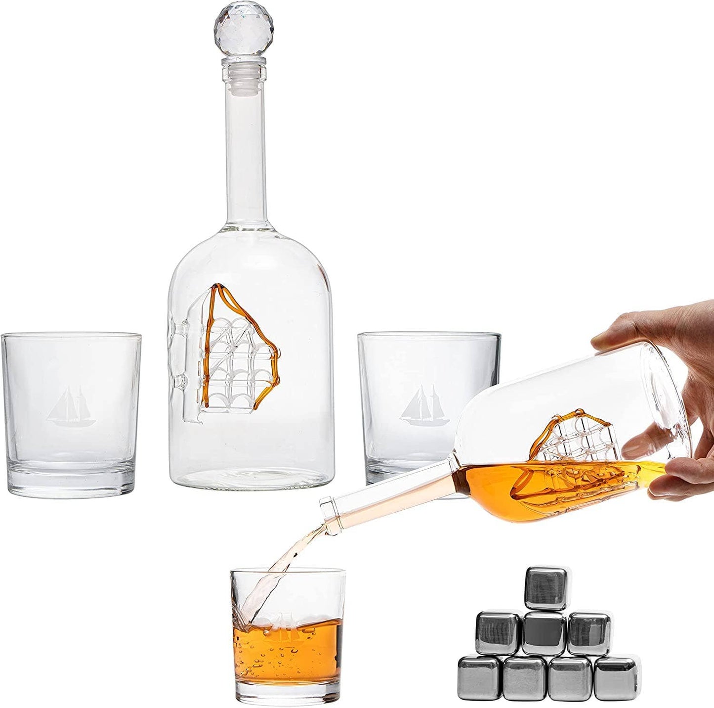 The Wine Savant / Khen Glassware Whiskey Decanter Large Display Whiskey & Wine Decanter with Antique Ship