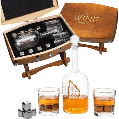 The Wine Savant / Khen Glassware Whiskey Decanter Large Display Whiskey & Wine Decanter with Antique Ship