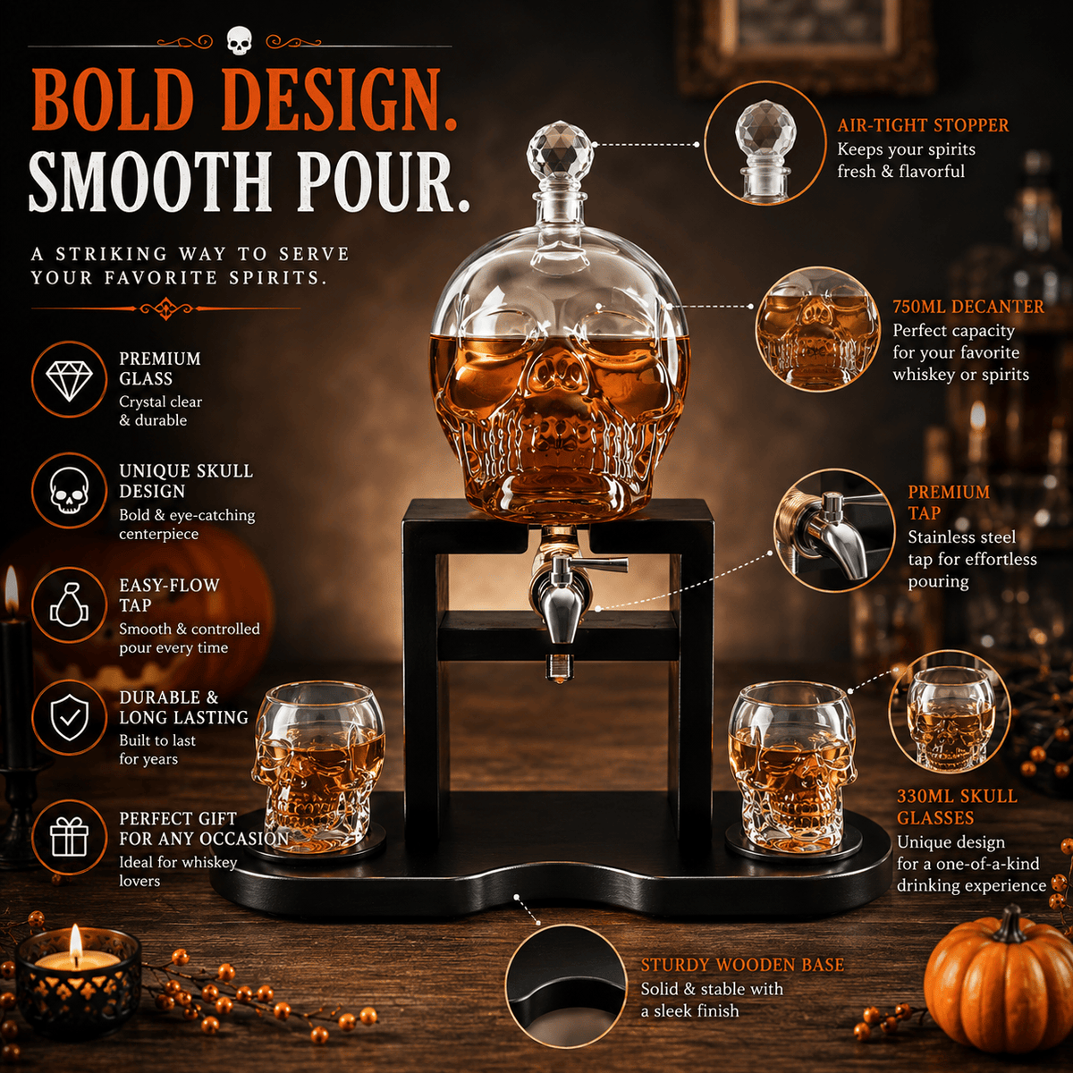 The Wine Savant / Khen Glassware Whiskey Decanter Skull Decanter Set With 2 Skull Shot Glasses, Halloween Fall