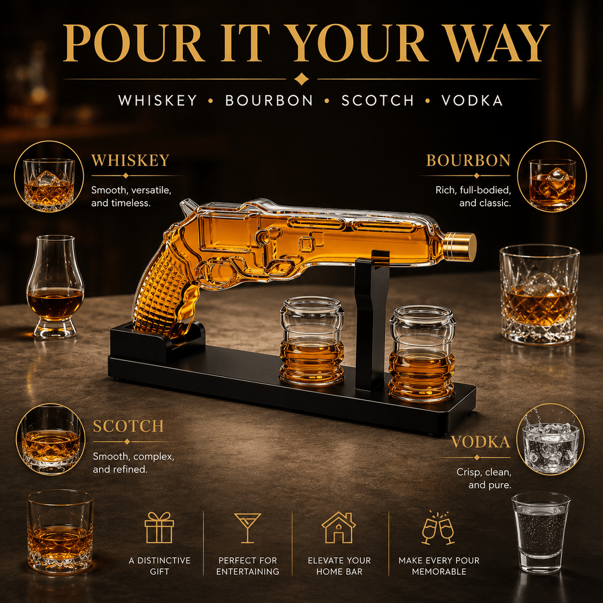 The Wine Savant / Khen Glassware Whiskey Decanter Whiskey Decanter Set 7.7 Oz with Two 1.6 Oz Shot Glasses