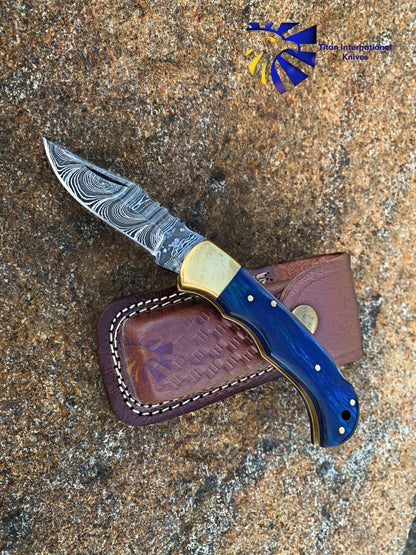 Titan International Blue Diamond Wood folding knife with Leather Sheath