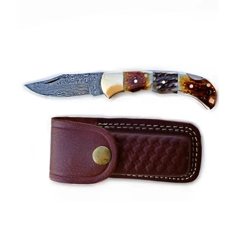 Titan International Damascus Knife Burnt Bone and Stag Horn folding knife with Leather Sheath