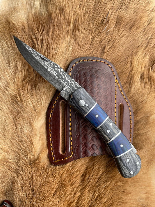 Titan International Damascus Knife POCKET KNIFE Grey and Blue WOOD 6.5'' DAMASCUS STEEL KNI