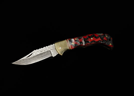 Titan International Damascus Pocket Knife BP-007 Red Damascus Steel Folding Knife Limited Run /Pancake