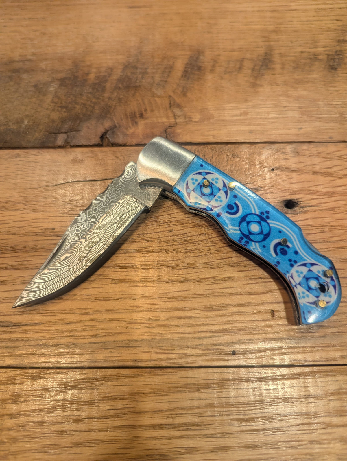 Titan International Damascus Pocket Knife Hand Forged Damascus Drop Point Folding Knife | Blue & White Mosiac Handle