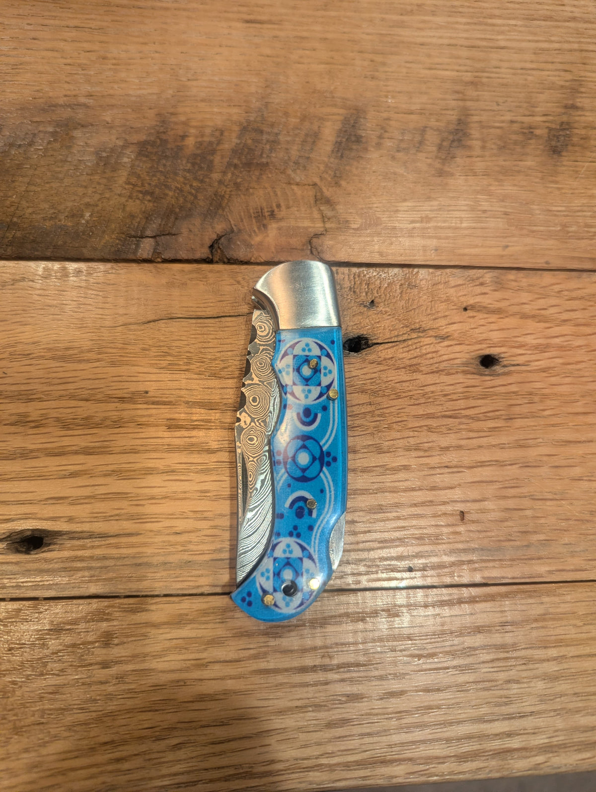 Titan International Damascus Pocket Knife Hand Forged Damascus Drop Point Folding Knife | Blue & White Mosiac Handle