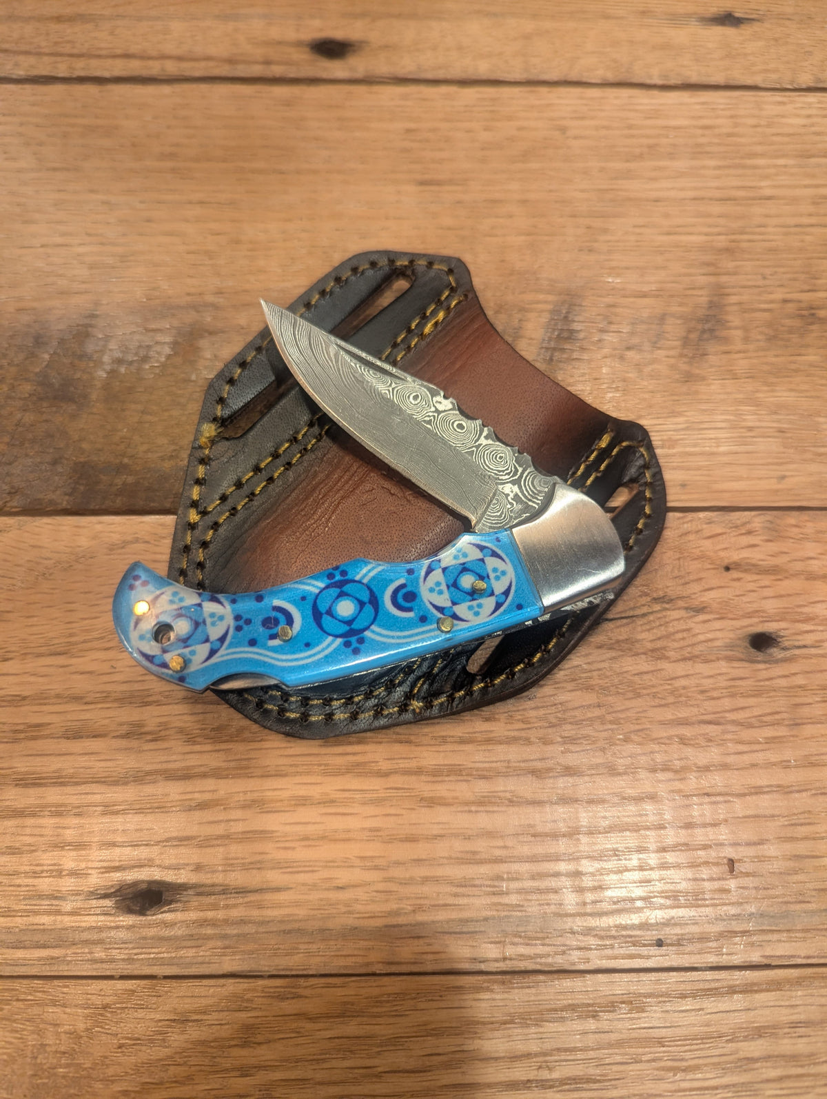 Titan International Damascus Pocket Knife Hand Forged Damascus Drop Point Folding Knife | Blue & White Mosiac Handle