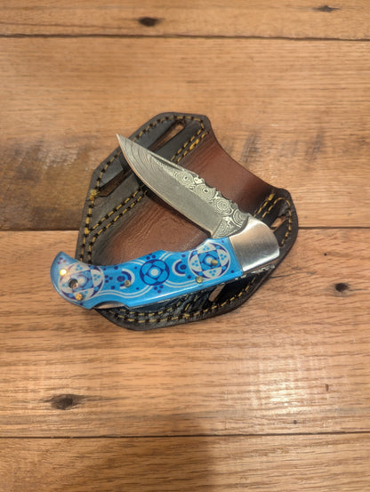Titan International Damascus Pocket Knife Hand Forged Damascus Drop Point Folding Knife | Blue & White Mosiac Handle