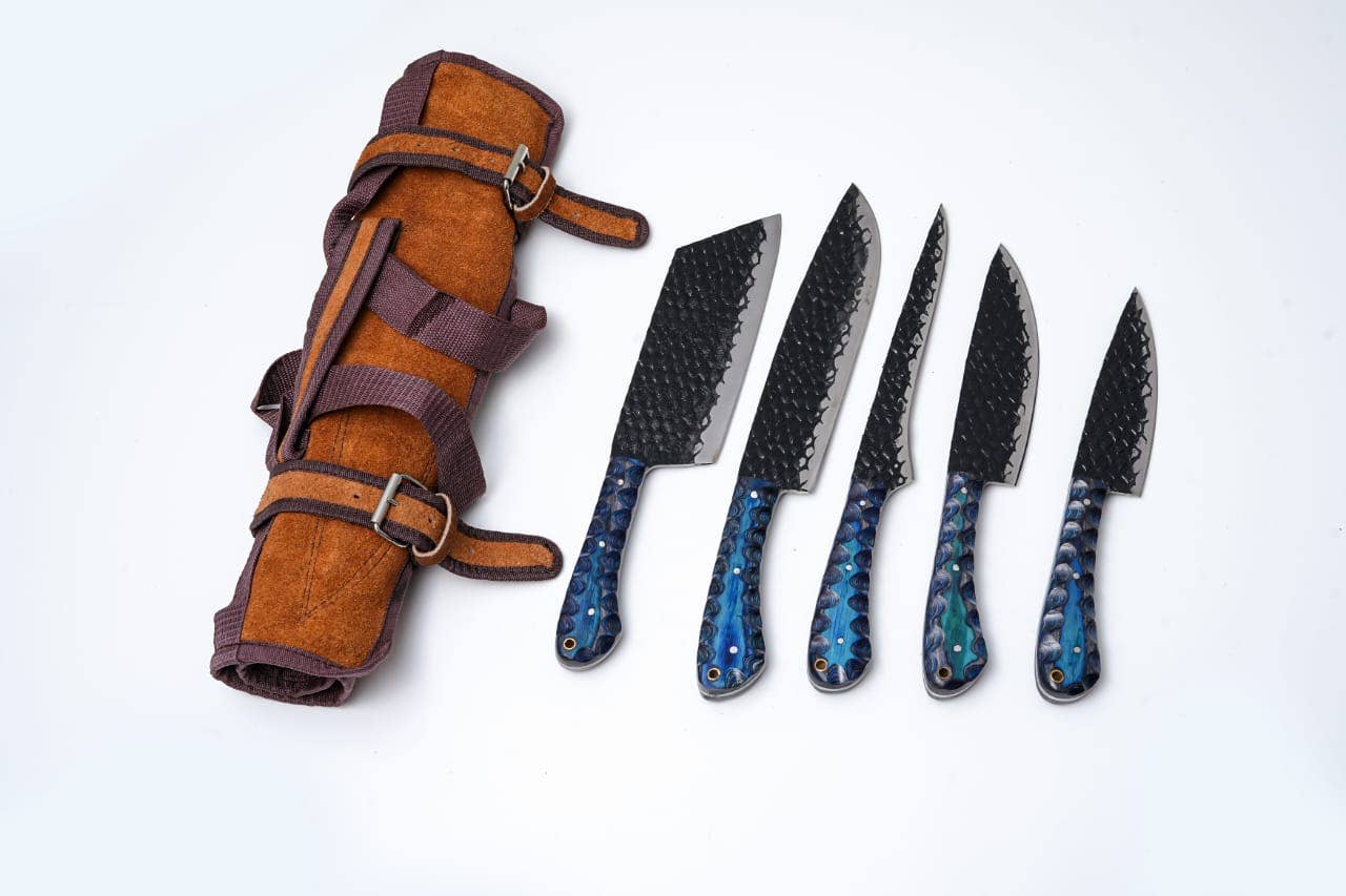 Titan International Titan International - 5-Piece Hand-Forged Kitchen Knife Set - Dragon Scale Carbon Steel - Blue Diamond wood Handles & Leather roll
