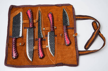Titan International Titan International - 5-Piece Hand-Forged Kitchen Knife Set - Dragon Scale Carbon Steel - Red Diamond Wood Handles & Leather roll