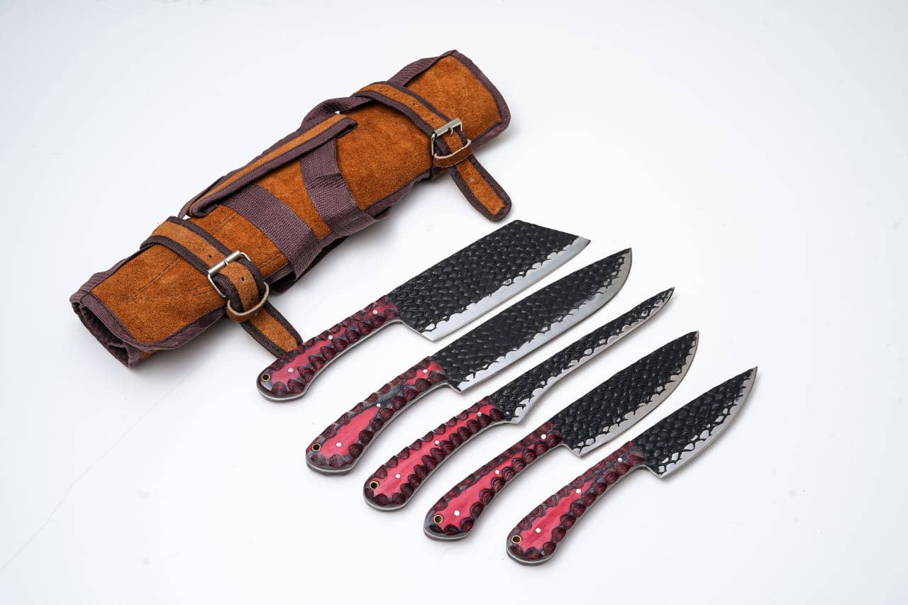 Titan International Titan International - 5-Piece Hand-Forged Kitchen Knife Set - Dragon Scale Carbon Steel - Red Diamond Wood Handles & Leather roll
