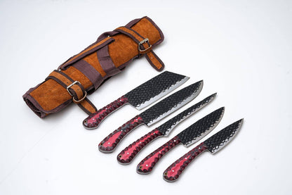 Titan International Titan International - 5-Piece Hand-Forged Kitchen Knife Set - Dragon Scale Carbon Steel - Red Diamond Wood Handles & Leather roll