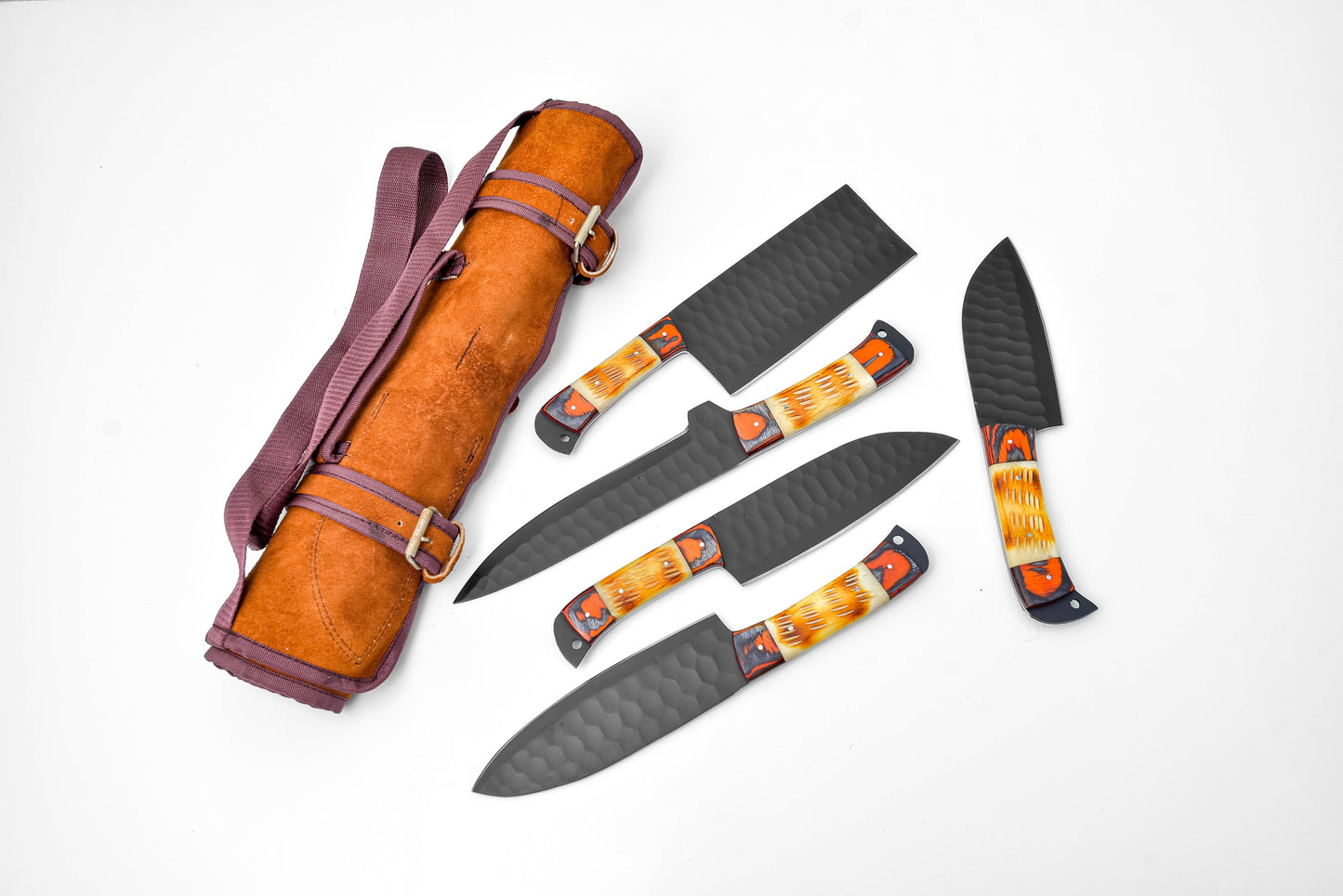 Titan International Titan International - 5-Piece  Knife Set / With Leather carry Bag Burnt Bone