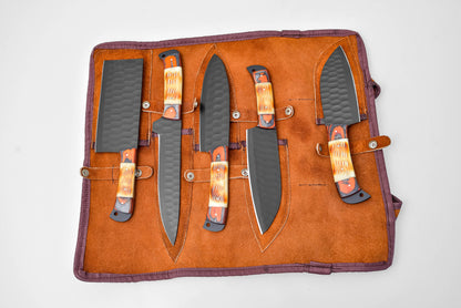 Titan International Titan International - 5-Piece  Knife Set / With Leather carry Bag Burnt Bone