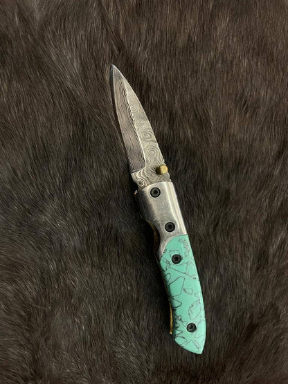 Titan International Titan International - AzureGlide Damascus Steel Turquoise (Resin) Pocket Knife