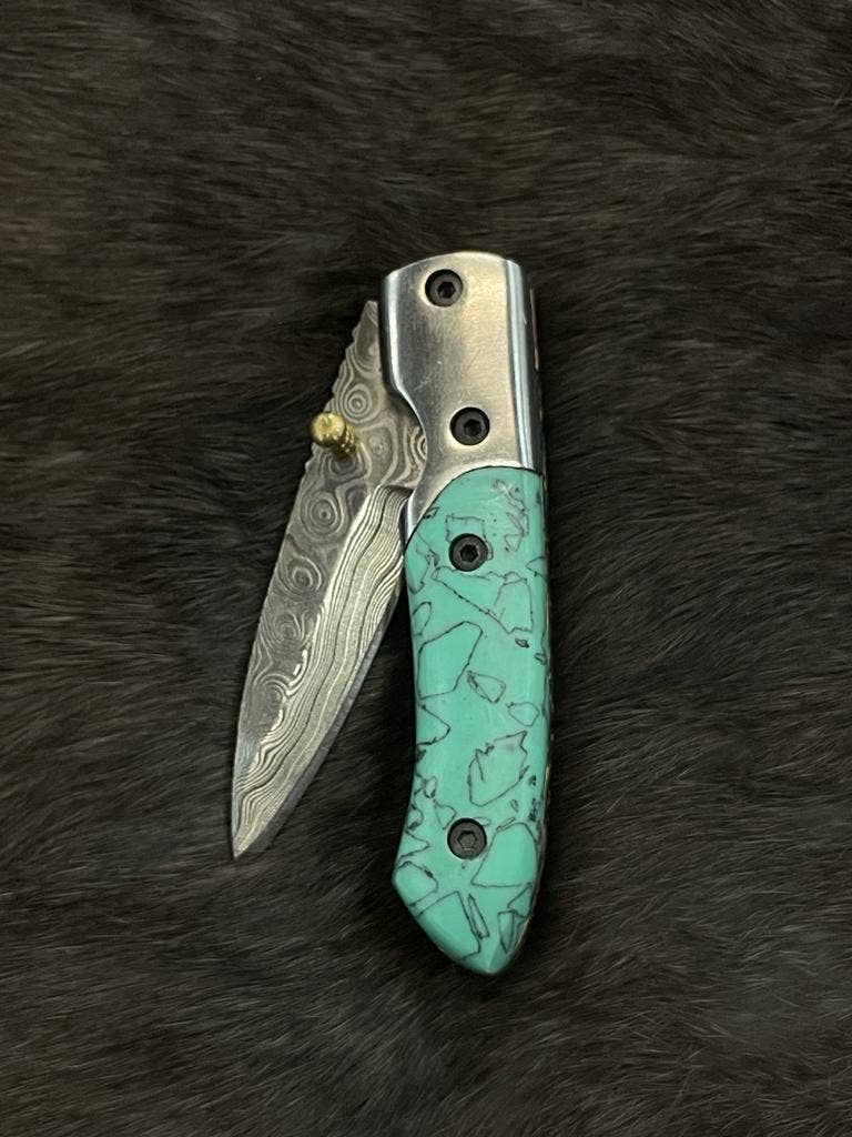 Titan International Titan International - AzureGlide Damascus Steel Turquoise (Resin) Pocket Knife