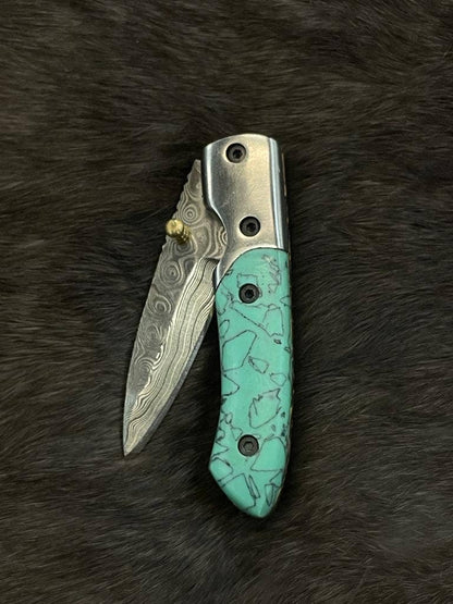 Titan International Titan International - AzureGlide Damascus Steel Turquoise (Resin) Pocket Knife
